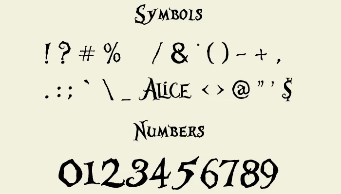 Alice in Wonderland font character map