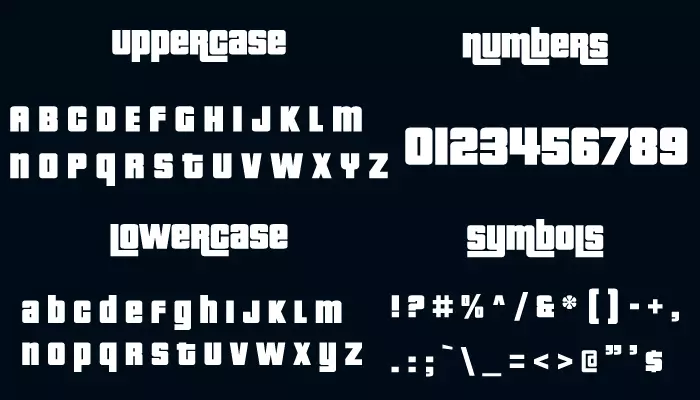GTA Font Character map