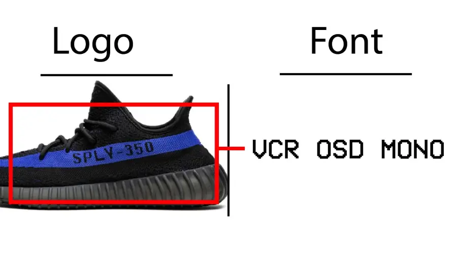 Yeezy Shoe Label design vs VCR OSD Mono font similarity example